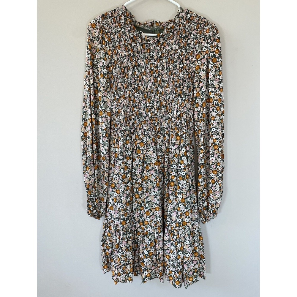 Andree by Unit Womens Olive Green Floral Smocked Tiered Mini Dress Size Medium‎